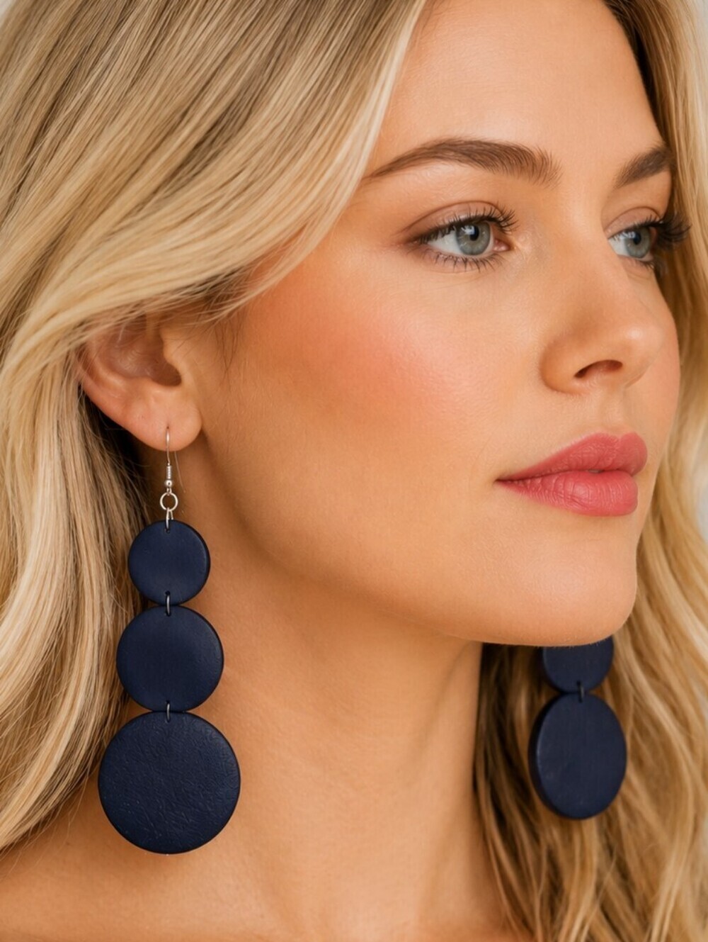 Navy Blue Wooden Disc Circles 3 Tier Dangle Earrings